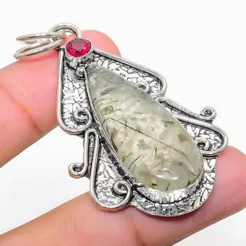 Подвеска из стерлингового серебра 925 пробы с натуральным пренитом и рубиллитом 2,44 дюйма J3z41