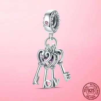 Подвеска из стерлингового серебра 925 пробы с бусинами в форме сердца, подвеска в виде ключа, подходит для оригинального модного браслета, ювелирного подарка, самодельных бусин, ювелирных изделий