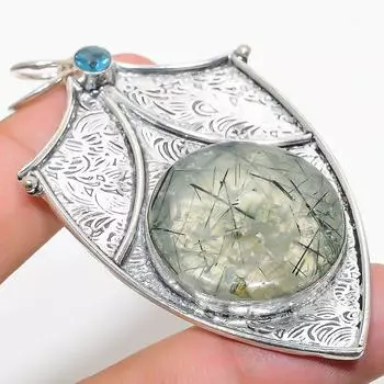 Подвеска из стерлингового серебра 925 пробы с натуральным пренитом и голубым топазом 2,84 дюйма h9g27