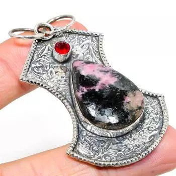 Подвеска из стерлингового серебра 925 пробы с натуральным родонитом и апатитом 2,56 дюйма N9Z25