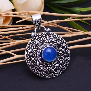 Подвеска из стерлингового серебра 925 пробы с натуральным синим халцедоном 1,75 дюйма R4B81