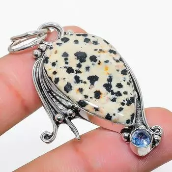 Подвеска из стерлингового серебра 925 пробы с натуральной далматиновой яшмой и голубым топазом 2,13 дюйма O7J63