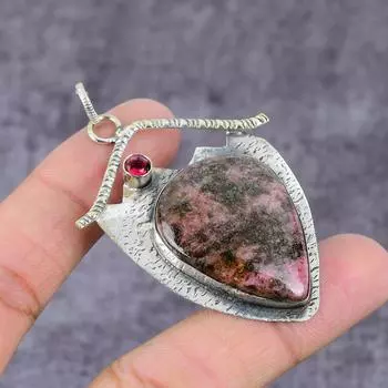 Подвеска из стерлингового серебра 925 пробы с натуральным родонитом и кунцитом ручной работы 2,36 дюйма Y3U48