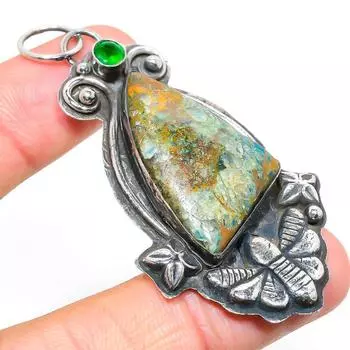 Подвеска из стерлингового серебра 925 пробы с натуральной хризоколлой и диопсидом, 2,84 дюйма v7I01