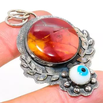 Подвеска из стерлингового серебра 925 пробы с натуральным красным мукаитом и драгоценным камнем «сглаз» 2,40 дюйма D8U70