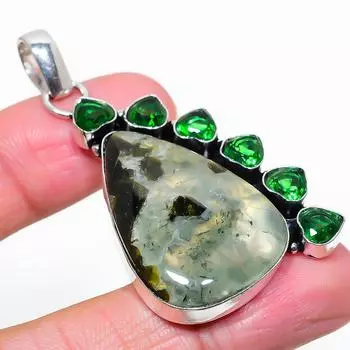 Подвеска из стерлингового серебра 925 пробы с натуральным пренитом и диопсидом 2,36 дюйма f4f79