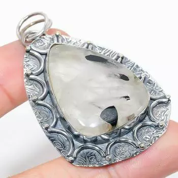 Подвеска из стерлингового серебра 925 пробы с натуральным черным рутилом ручной работы 2,48 дюйма g4e56