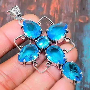 Подвеска из стерлингового серебра 925 пробы с крестом из швейцарского синего топаза и удивительным ювелирным изделием ручной работы 2.56 Inches синий