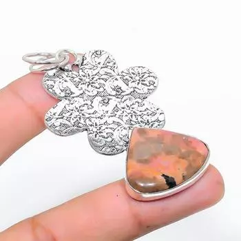 Подвеска из стерлингового серебра 925 пробы с натуральным родонитом ручной работы 2,76 дюйма Q6f43