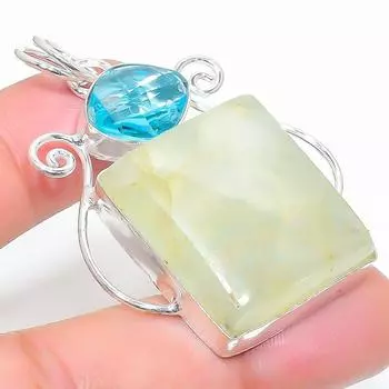 Подвеска из стерлингового серебра 925 пробы с натуральным пренитом и голубым топазом 2,01 дюйма Y4v92