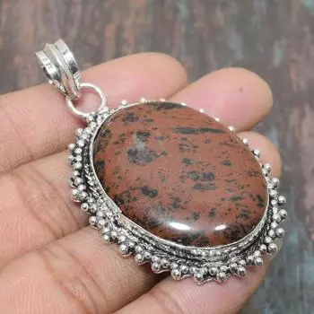 Подвеска из стерлингового серебра 925 пробы с драгоценным камнем красного дерева и обсидианом ручной работы на День Благодарения 2.56 Inches коричневый