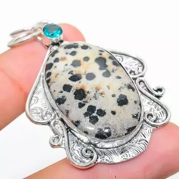 Подвеска из стерлингового серебра 925 пробы с натуральной далматиновой яшмой и голубым топазом 2,36 дюйма r6I94