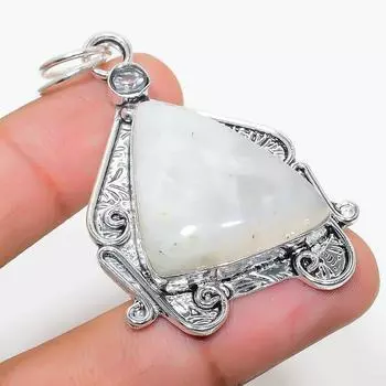 Подвеска из стерлингового серебра 925 пробы с натуральным радужным лунным камнем и белым топазом 2,36 дюйма I7C62