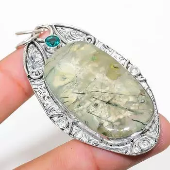 Подвеска из стерлингового серебра 925 пробы с натуральным пренитом и голубым топазом 2,80 дюйма P8V92