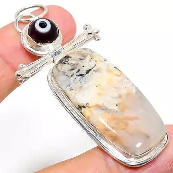 Подвеска из стерлингового серебра 925 пробы с натуральным русским дендритным камнем и камнем сглаза 2,96 дюйма G8q42