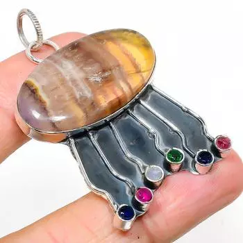 Подвеска из стерлингового серебра 925 пробы с натуральным флюоритом и диопсидом 2,25 дюйма Z3C87