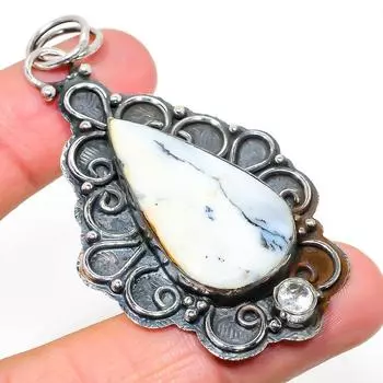 Подвеска из стерлингового серебра 925 пробы с натуральным дендритовым опалом и топазом 2,84 дюйма q6T44