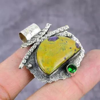 Подвеска из стерлингового серебра 925 пробы с натуральным стихтитом и диопсидом ручной работы 2,27 дюйма J9c38