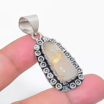 Подвеска из стерлингового серебра 925 пробы с натуральным золотым рутилом 1,85 дюйма, ширина 7,44 дюймов