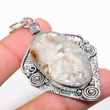 Подвеска из стерлингового серебра 925 пробы с натуральным русским дендритным белым топазом 2,76 дюйма b6P14