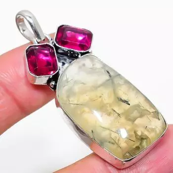 Подвеска из стерлингового серебра 925 пробы с натуральным пренитом и рубиллитом, 2,21 дюйма, v4M63