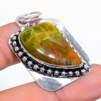 Подвеска из стерлингового серебра 925 пробы с натуральным зеленым опалом ручной работы 1,81 дюйма V1i77