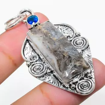 Подвеска из стерлингового серебра 925 пробы с натуральным русским дендритным голубым топазом 2,40 дюйма T7B49