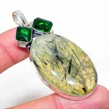 Подвеска из стерлингового серебра 925 пробы с натуральным пренитом и диопсидом 2,52 дюйма m3e08