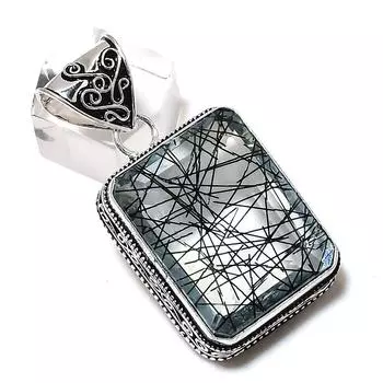 Подвеска из стерлингового серебра 925 пробы с черным рутиловым камнем ручной работы 1,97 дюйма F6i58