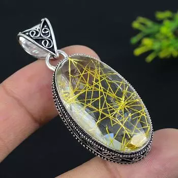 Подвеска из стерлингового серебра 925 пробы с золотым рутилом, ручная работа, 2,21 дюйма, d2O77