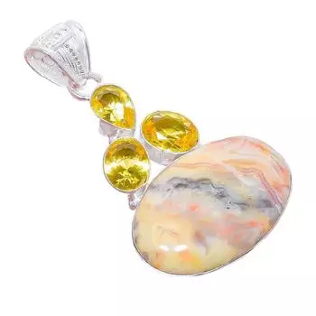 Подвеска из стерлингового серебра 925 пробы с кружевным агатом Лагуна и цитрином 2,2 дюйма AH-3314 2.17 зелёный