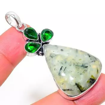Подвеска из стерлингового серебра 925 пробы с натуральным пренитом и диопсидом 2,25 дюйма J6q80