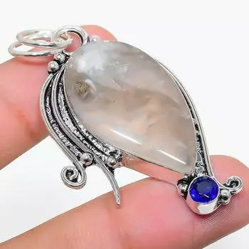 Подвеска из стерлингового серебра 925 пробы с натуральным русским дендритным голубым топазом 2,25 дюйма c4j78