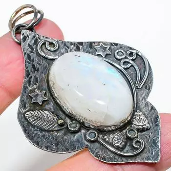 Подвеска из стерлингового серебра 925 пробы с натуральным радужным лунным камнем 2,84 дюйма w8C10