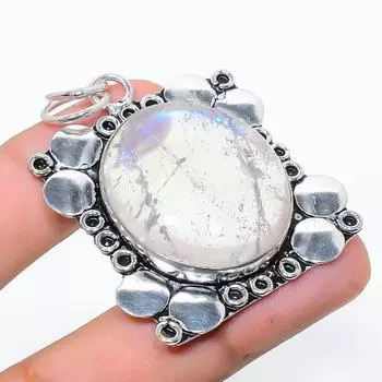 Подвеска из стерлингового серебра 925 пробы с натуральным радужным лунным камнем 2,17 дюйма B8h00