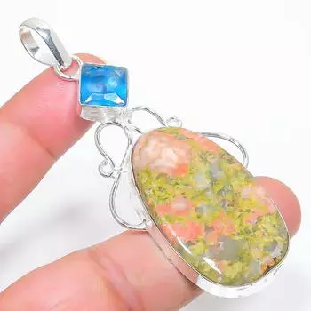 Подвеска из стерлингового серебра 925 пробы с натуральным унакитом и голубым топазом, 3,03 дюйма, H8p78