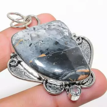 Подвеска из стерлингового серебра 925 пробы с натуральной яшмой малигано и белым топазом, 2,29 дюйма V7E57