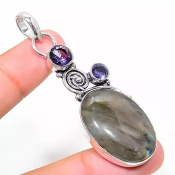 Подвеска из стерлингового серебра 925 пробы с натуральным лабрадоритом и аметистом 2,60 дюйма y2q76