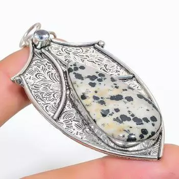 Подвеска из стерлингового серебра 925 пробы с натуральным далматинским яшмовым драгоценным камнем 2,96 дюйма Q5F32