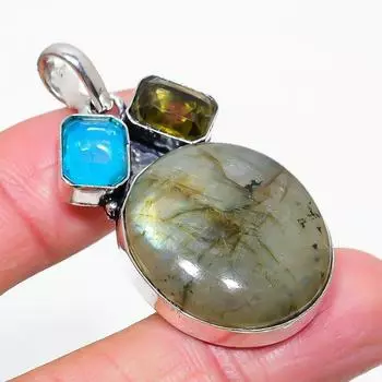 Подвеска из стерлингового серебра 925 пробы с натуральным лабрадоритом и драгоценным камнем перидот 1,97 дюйма R6U68