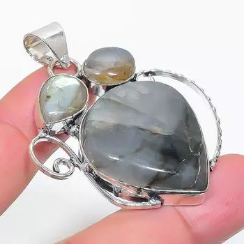 Подвеска из стерлингового серебра 925 пробы с натуральным лабрадоритом 2,17 дюйма N8G83