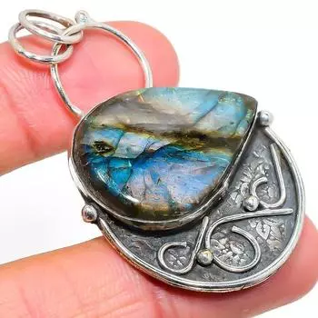 Подвеска из стерлингового серебра 925 пробы с натуральным лабрадоритом ручной работы 2,25 дюйма k9E59