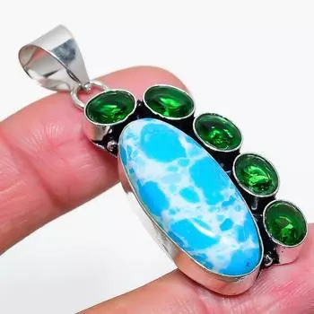Подвеска из стерлингового серебра 925 пробы с натуральным ларимаром и диопсидом 2,17 дюйма Z2e81