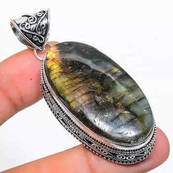 Подвеска из стерлингового серебра 925 пробы с натуральным лабрадоритом ручной работы 2,36 дюйма K0j14