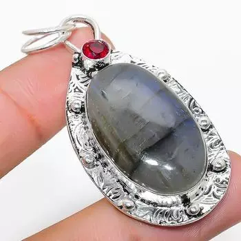 Подвеска из стерлингового серебра 925 пробы с натуральным лабрадоритом и гранатом 2,29 дюйма Q6V92