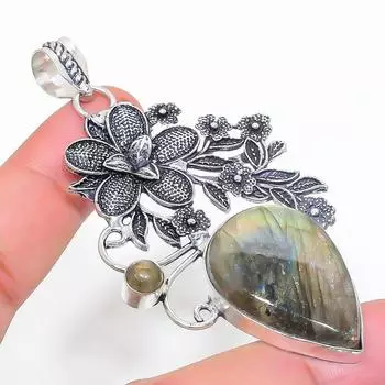 Подвеска из стерлингового серебра 925 пробы с натуральным лабрадоритом 3,07 дюйма K6N42