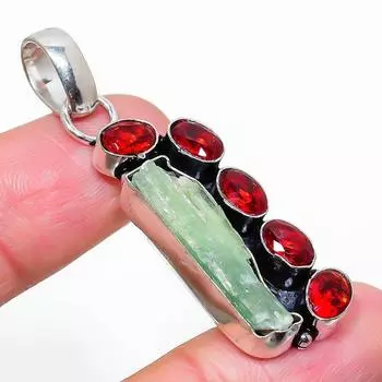 Подвеска из стерлингового серебра 925 пробы с натуральным зеленым кианитом и гранатом 2,17 дюйма G4I64