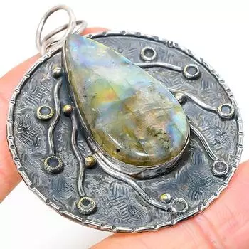 Подвеска из стерлингового серебра 925 пробы с натуральным лабрадоритом ручной работы 2,29 дюйма G9D32