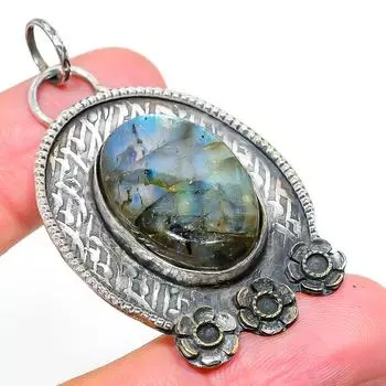 Подвеска из стерлингового серебра 925 пробы с натуральным лабрадоритом ручной работы 2,29 дюйма U1l91