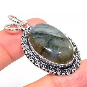 Подвеска из стерлингового серебра 925 пробы с натуральным лабрадоритом ручной работы 2,05 дюйма G3k42